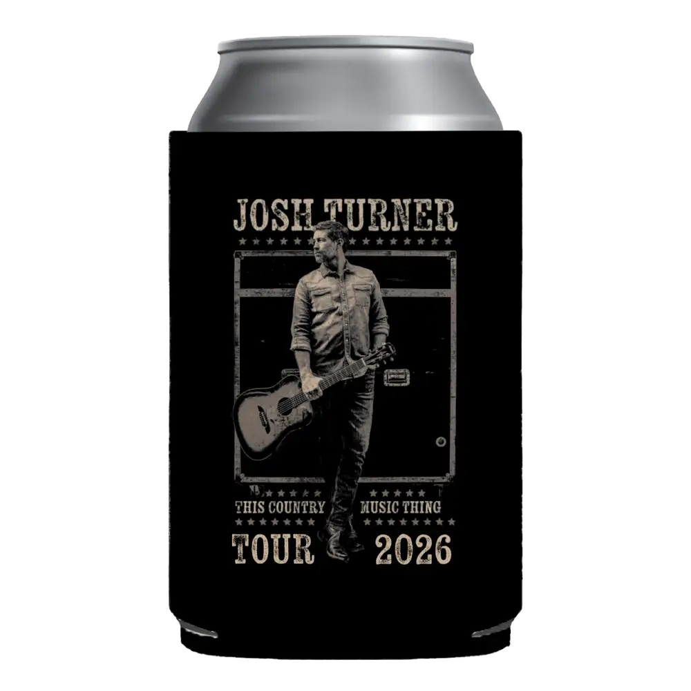 Black fabric can cooler featuring a grayscale image of country music artist josh turner holding an acoustic guitar, with text reading ’josh turner,’ ’this country music thing tour 2026.’