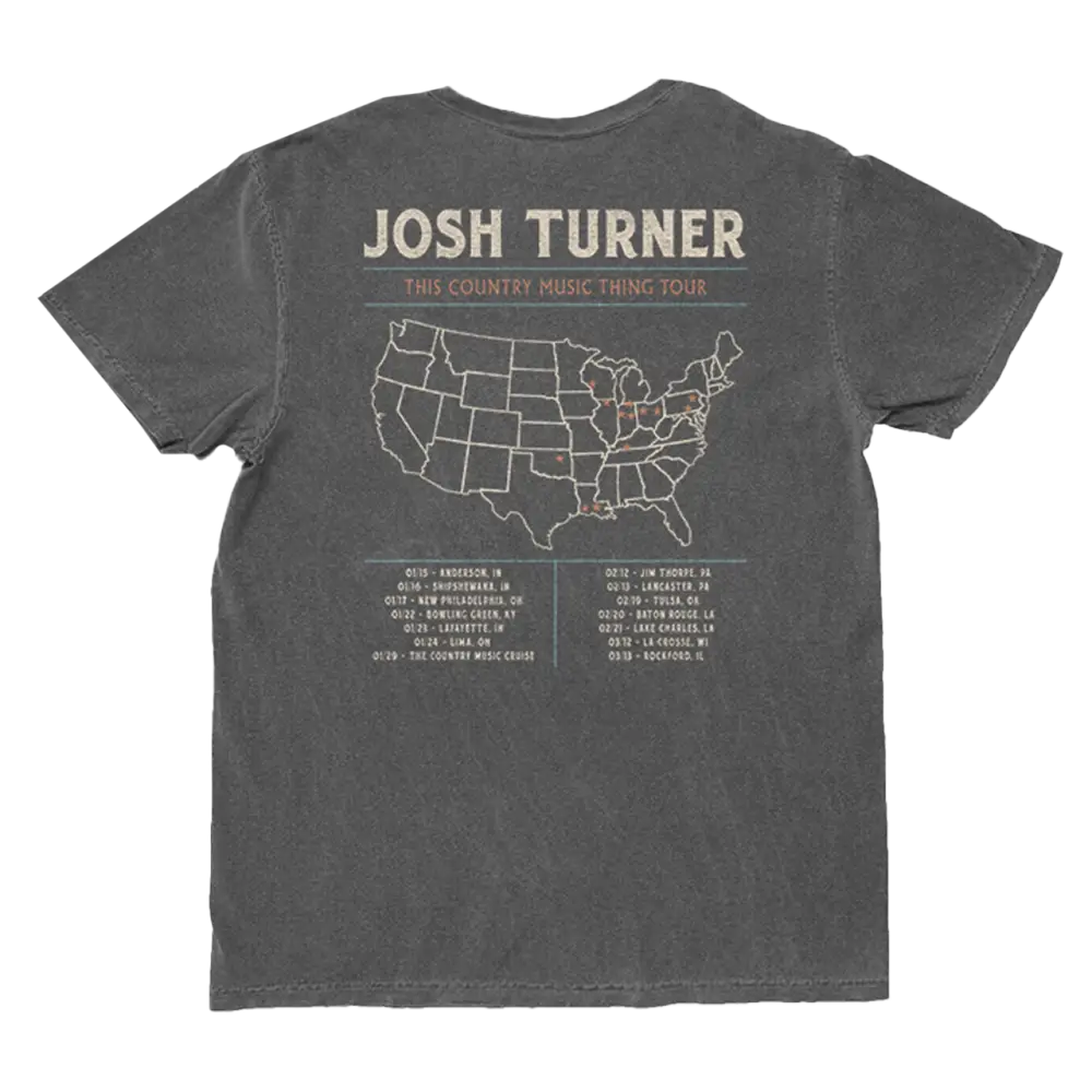 Dark gray cotton t-shirt featuring a white outline map of the united states with tour dates and locations printed below.