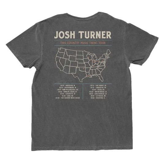 Dark gray cotton t-shirt featuring a white outline map of the united states with tour dates and locations printed below.