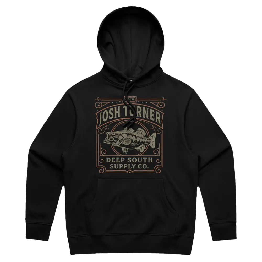Black josh turner hoodie featuring a detailed fish graphic and ornate text design in contrasting tan.