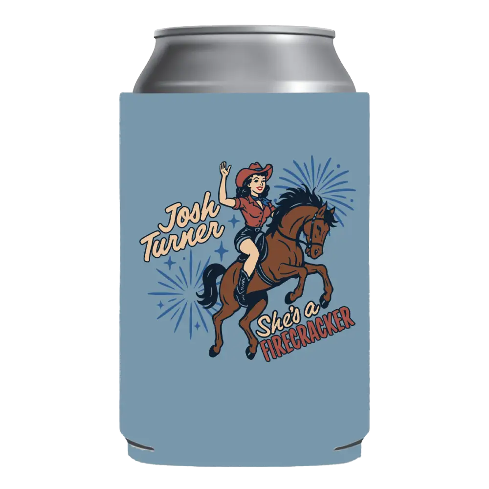 Can cooler with a design of a woman riding a horse and text 'Josh Turner She's a Firecracker' on a blue background