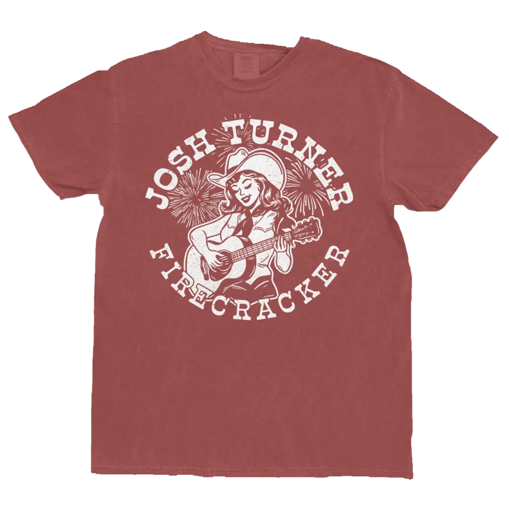 Red t-shirt with 'Josh Turner Firecracker' graphic design on a white background