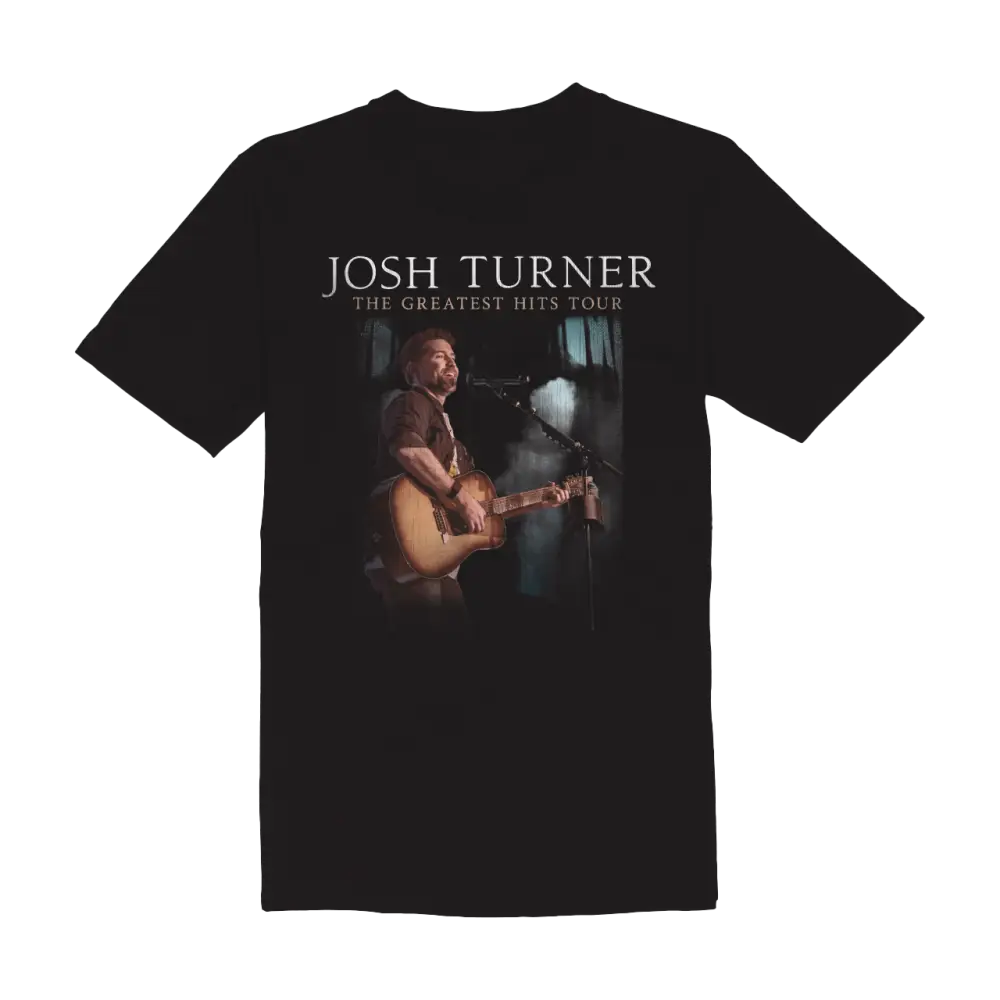 Black t-shirt featuring album artwork for Josh Turner’s ’The Greatest Hits Tour’.