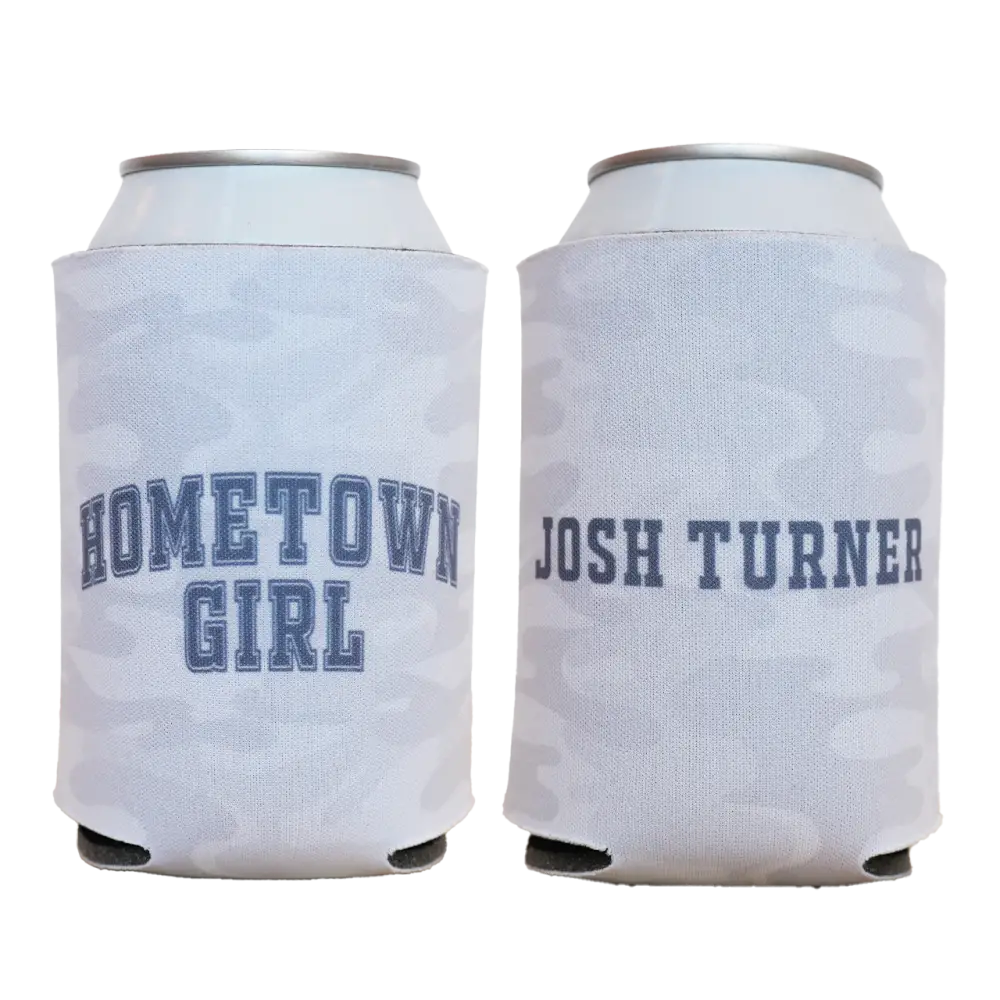 Two can coolers with 'Hometown Girl' and 'Josh Turner' text on a white background