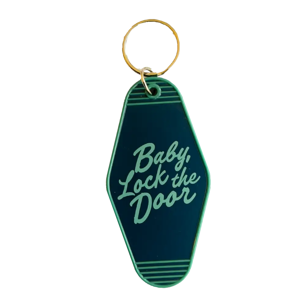 Retro-style green keychain tag with ’Baby Lock the Door’ text.