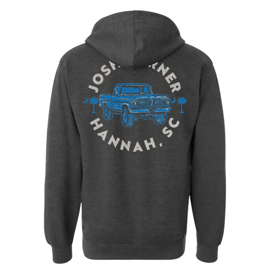 Dark gray hooded sweatshirt with a blue truck design and text on the back.