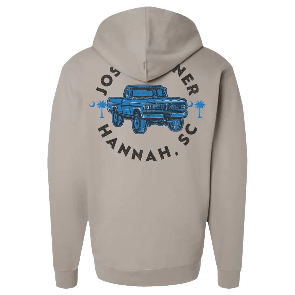 Light gray hooded sweatshirt with a blue truck design and text on the back.
