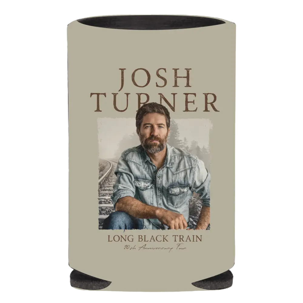 Beverage can cooler featuring Josh Turner’s ’Long Black Train’ album artwork.