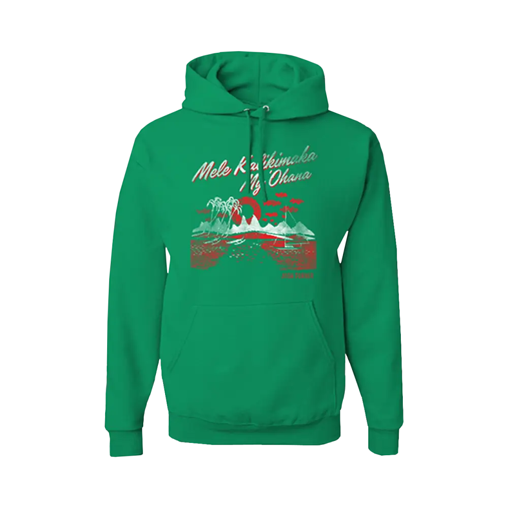Green hooded sweatshirt with a tropical Christmas-themed graphic design on the front.