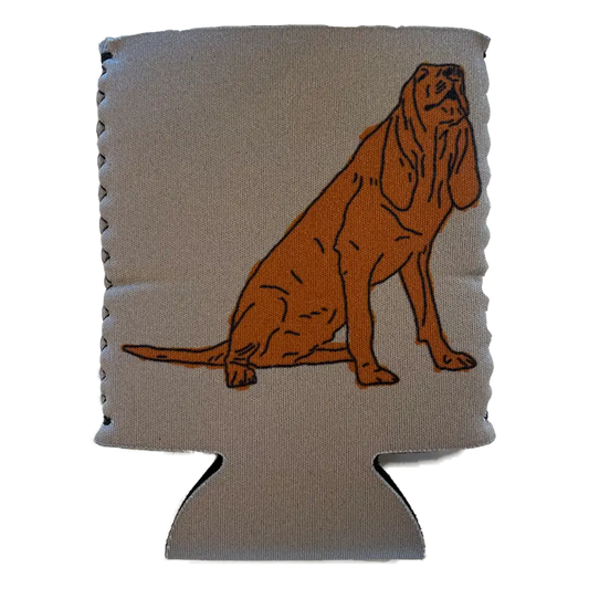 Beige can cooler featuring an illustration of a sitting orange bloodhound dog.
