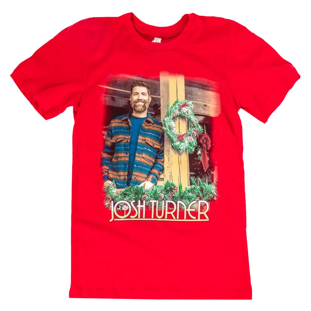 Red t-shirt featuring a printed image and text.