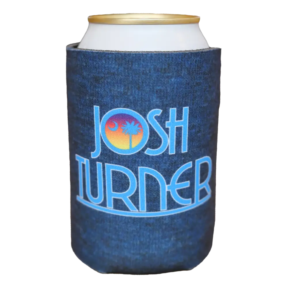 Can cooler featuring the name ’Josh Turner’ in stylized blue lettering on a navy background.