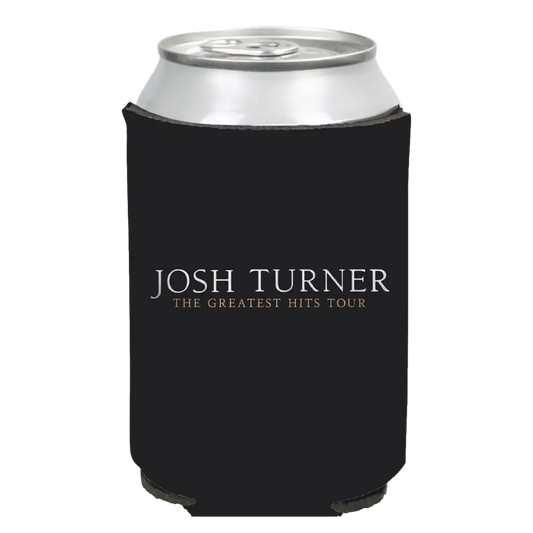Black foam drink koozie with ’Josh Turner The Greatest Hits Tour’ printed on it.