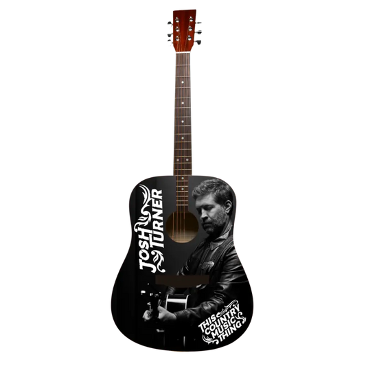 Acoustic guitar with 'This Country Music Thing' album artwork and Josh Turner's name, predominantly black color with white and red text and imagery.