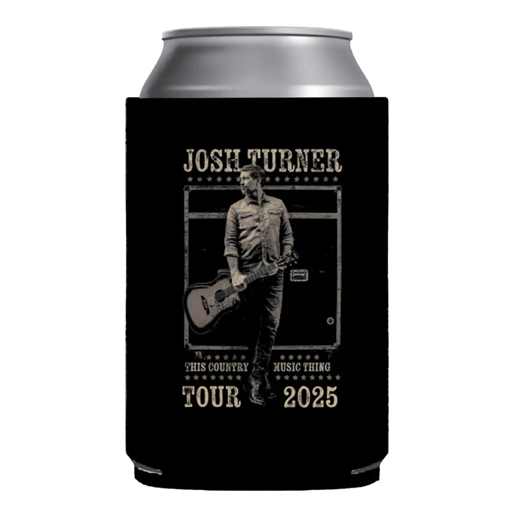 Black josh turner ’this country music thing’ 2025 tour can cooler with a monochrome graphic of the artist holding an acoustic guitar.