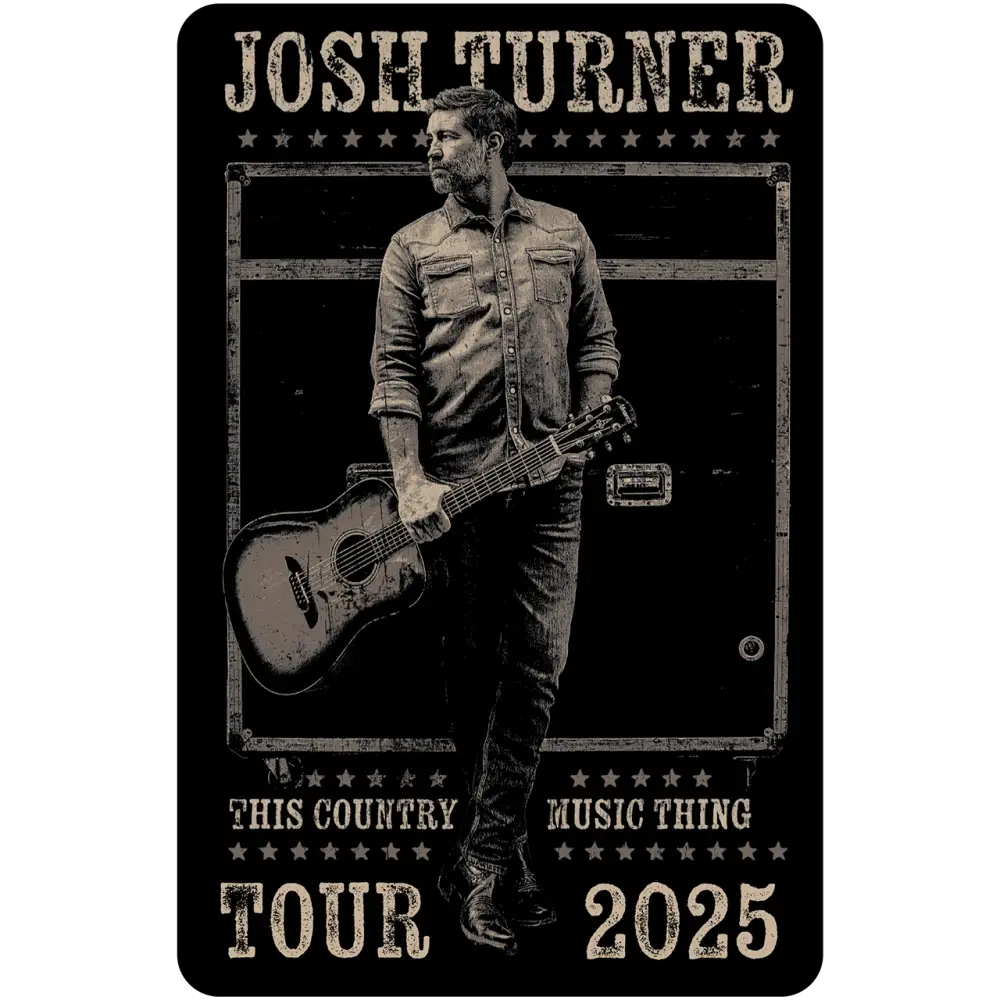 Black t-shirt featuring a sepia-toned graphic of country music artist josh turner holding an acoustic guitar, framed by stars and text reading ’this country music thing tour 2025.’