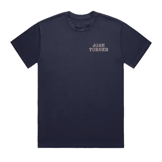 Navy blue short-sleeved t-shirt with ’josh turner’ embroidered in white on the chest.