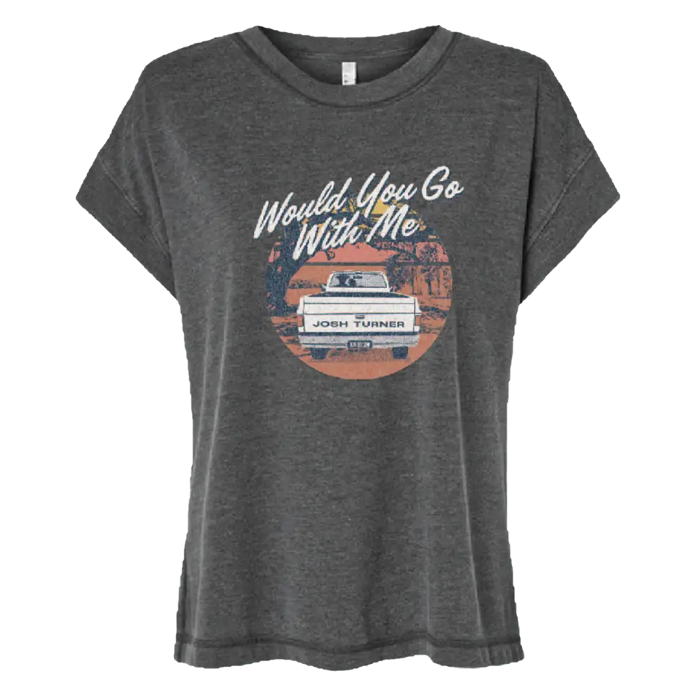 A dark gray ladies t-shirt with the text 'Would You Go With Me' and an image of a horse and carriage.