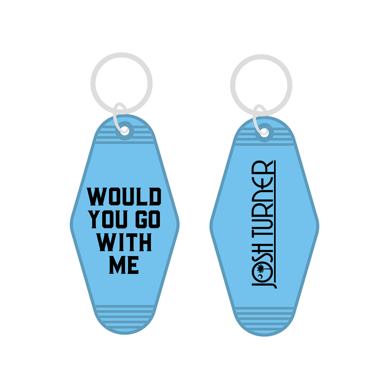 Two blue vintage-style motel key tags with text printed on them.