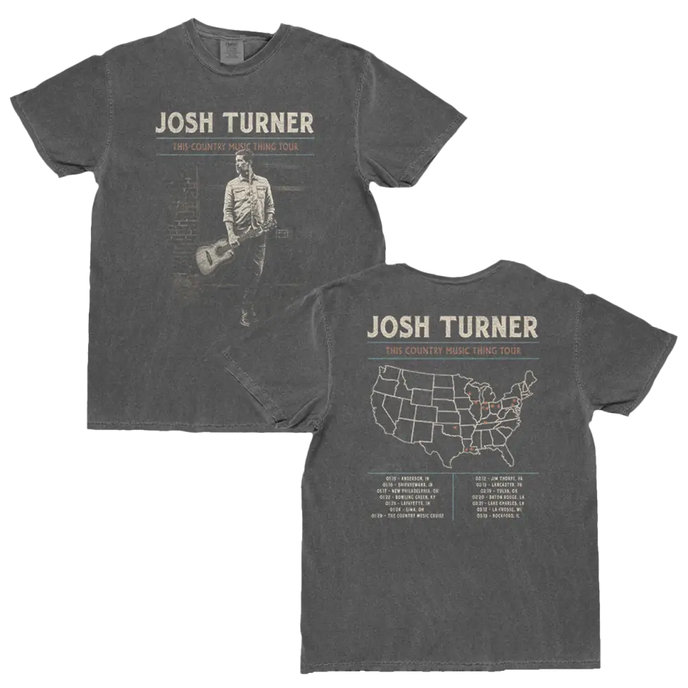 Dark gray cotton t-shirt featuring a faded graphic of josh turner holding a guitar on the front and a map of the united states with tour dates on the back.