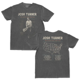 Dark gray cotton t-shirt featuring a faded graphic of josh turner holding a guitar on the front and a map of the united states with tour dates on the back.