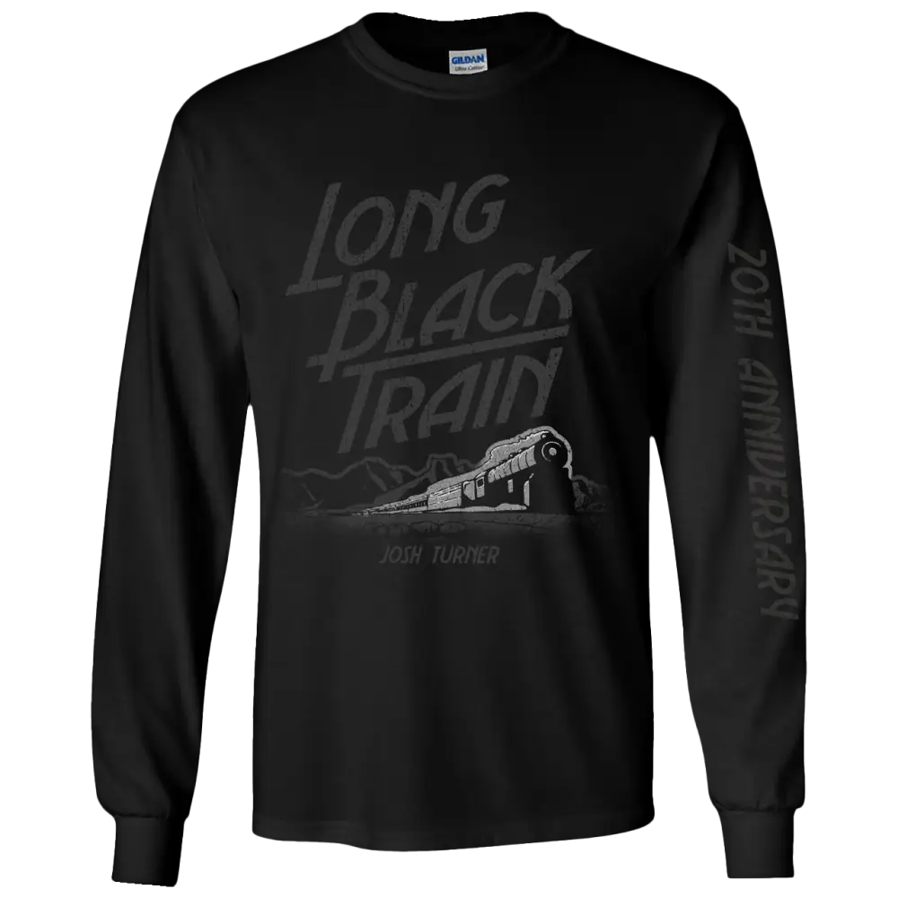 Black long-sleeved t-shirt with ’Long Black Train’ text and train graphic printed on the front.