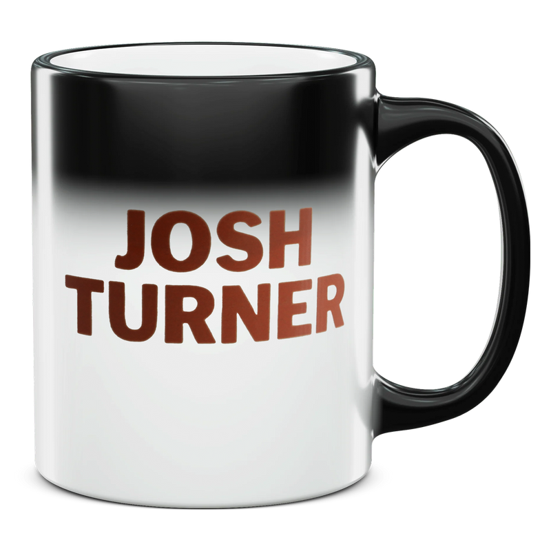 Coffee mug with ’JOSH TURNER’ printed on it in brown lettering against a black-to-white gradient background.