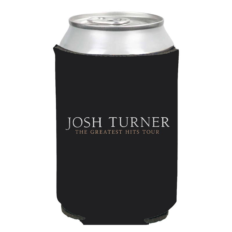 Black foam drink koozie with ’Josh Turner The Greatest Hits Tour’ printed on it.