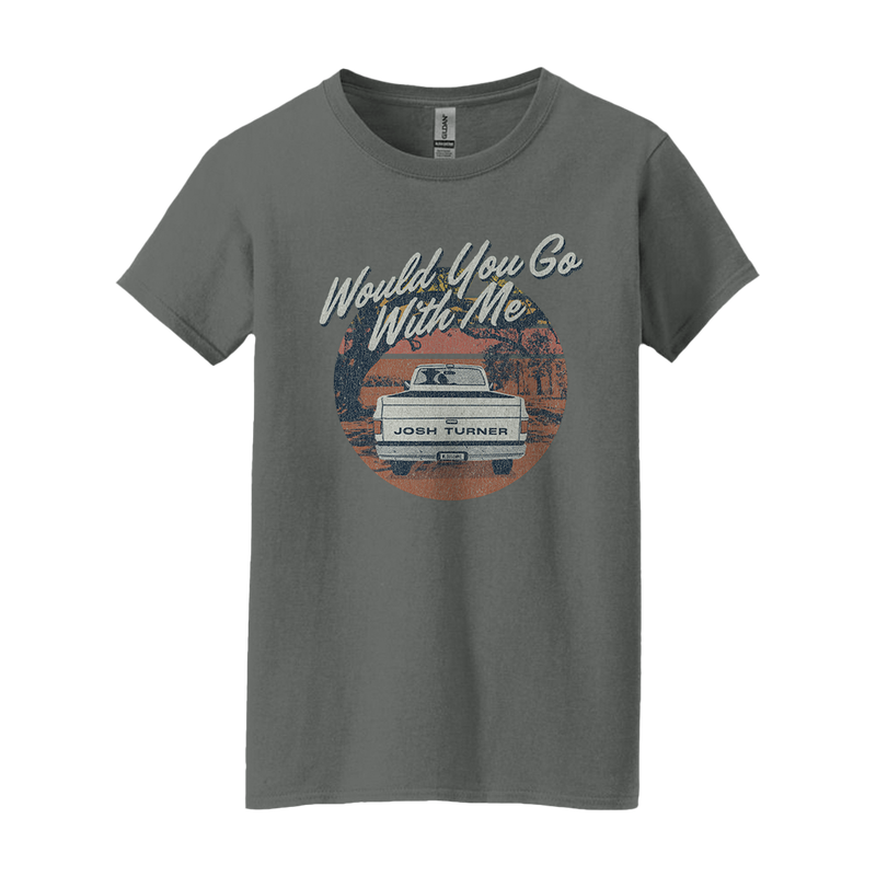 Gray t-shirt with a vintage-style graphic design featuring a car and the text ’Would You Go With Me’.