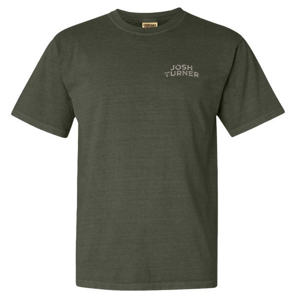 Dark green t-shirt with ’JOSH TURNER’ printed in small text on the upper left chest area.