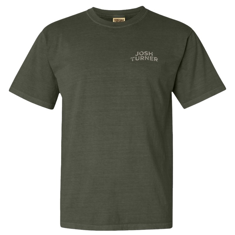 Dark green t-shirt with ’JOSH TURNER’ printed in small text on the upper left chest area.