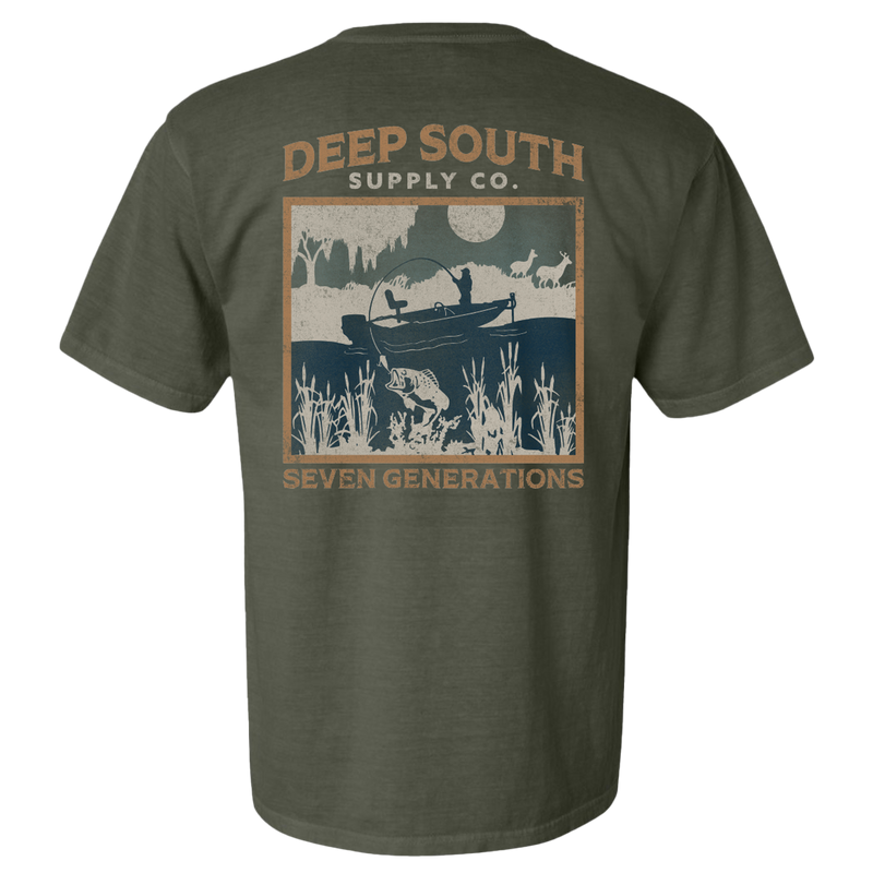 Olive green t-shirt with a fishing-themed graphic design on the back.