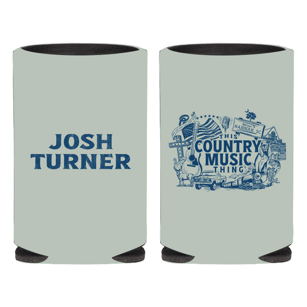 Pair of light blue can coolers with country music-themed designs printed on them.