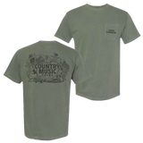 Green t-shirt with country music-themed graphics on the back and a small pocket on the front.