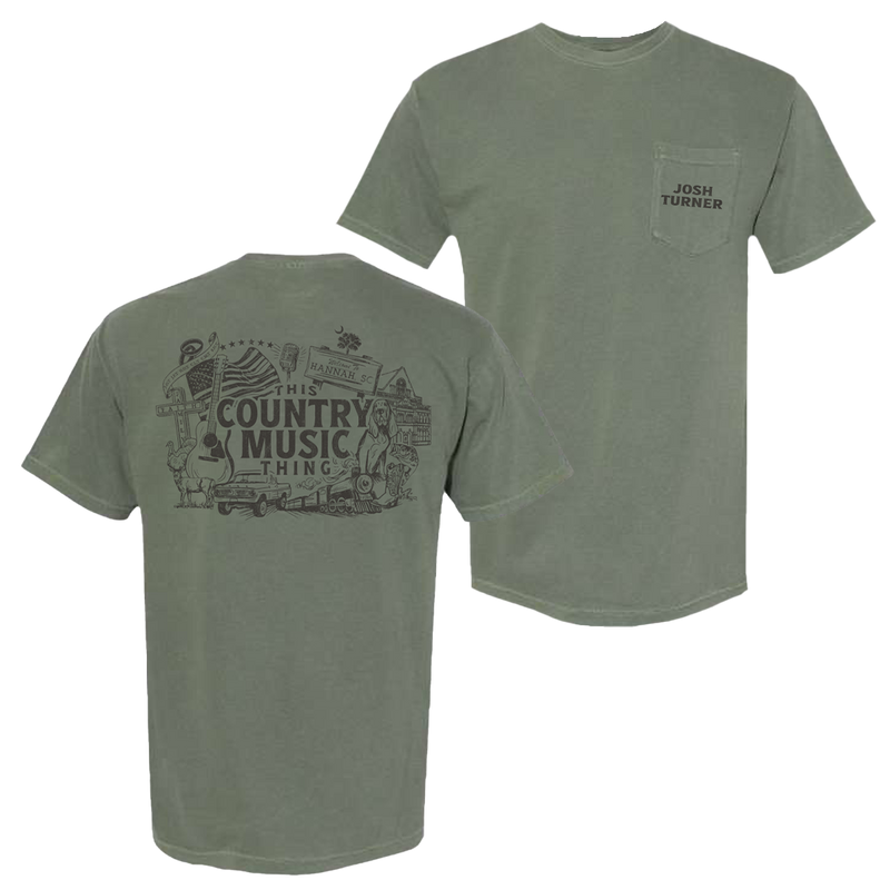 Green t-shirt with country music-themed graphics on the back and a small pocket on the front.