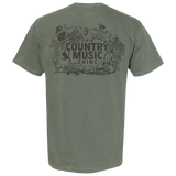 Green t-shirt with a country music-themed graphic design on the back.