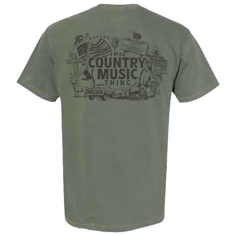 Green t-shirt with a country music-themed graphic design on the back.