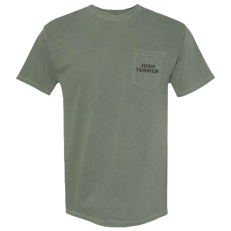 Olive green t-shirt with a chest pocket bearing the name ’Josh Turner’.