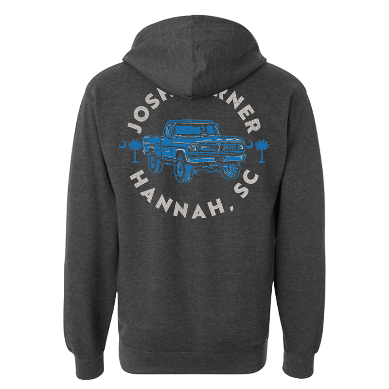 Dark gray hooded sweatshirt with a blue truck design and text on the back.