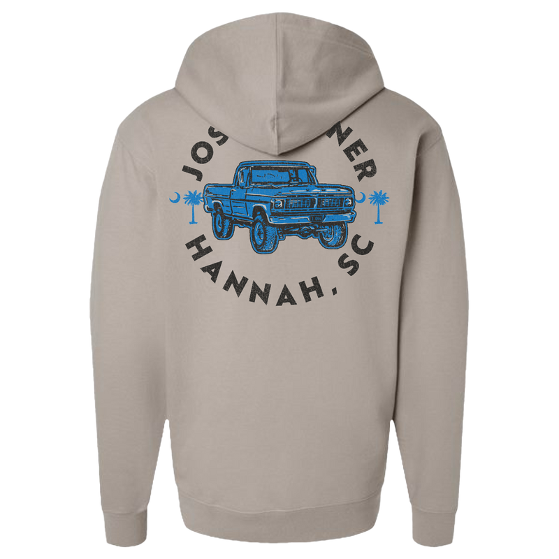 Light gray hooded sweatshirt with a blue truck design and text on the back.