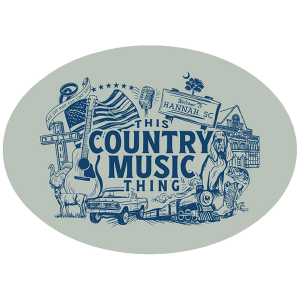 Oval-shaped graphic design featuring various country music-related icons and symbols in blue on a light background.