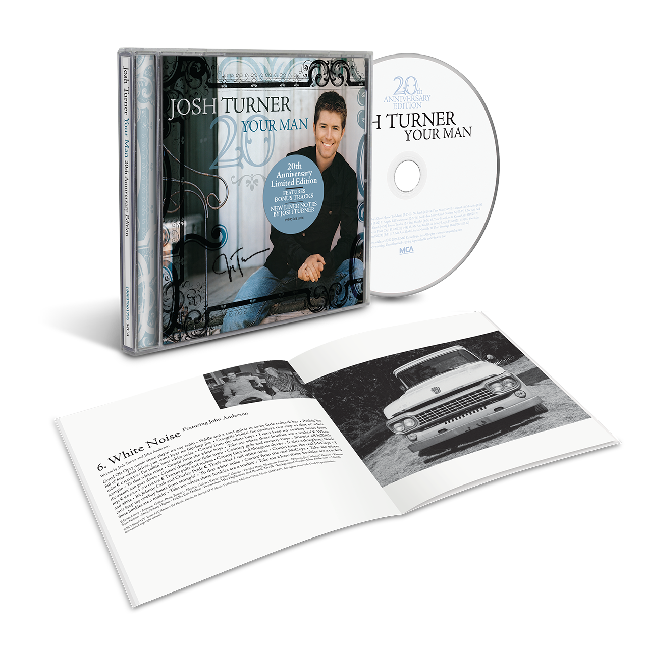 Music album packaging with CD, booklets, and photo of a man on a white background