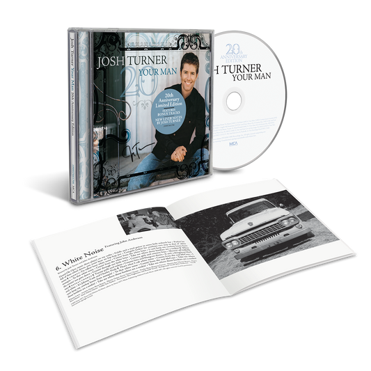 Music album packaging with CD, booklets, and photo of a man on a white background