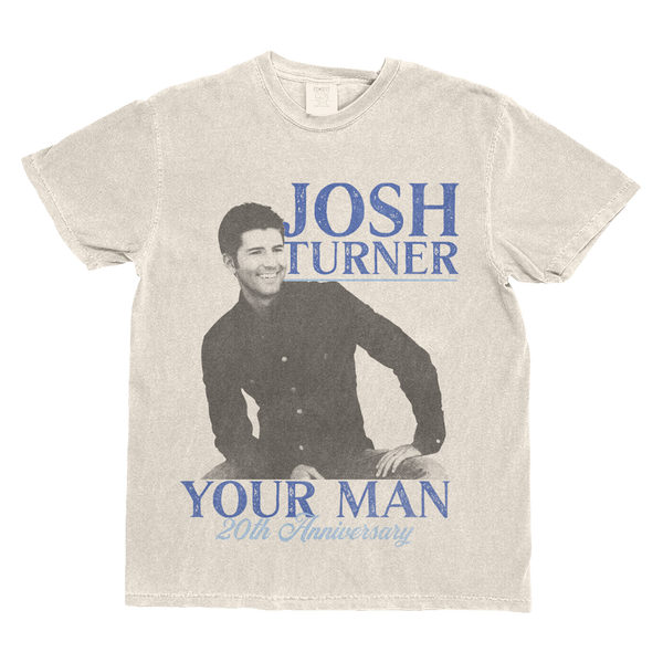 T-shirt with a graphic of a man and text 'Josh Turner Your Man 20th Anniversary' on a beige background