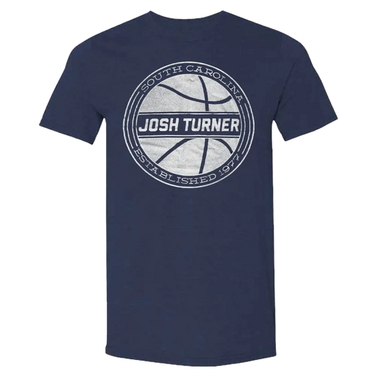 Navy blue t-shirt with a basketball-themed logo featuring the name ’Josh Turner’.