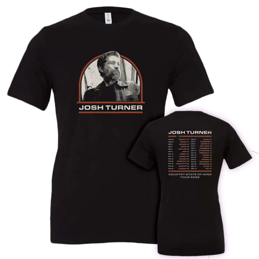 Black cotton t-shirt featuring a black-and-white portrait of josh turner in an arched frame with orange trim and the name ’josh turner’ printed below, along with tour dates on the back.