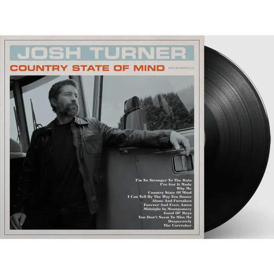Black vinyl record with a glossy finish, partially visible beside the album cover.