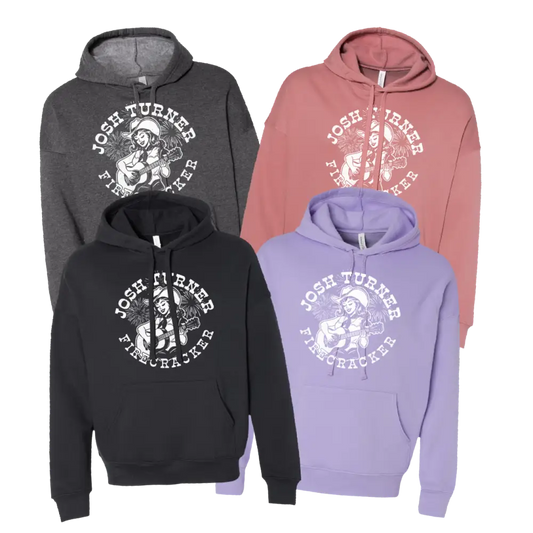 Four josh turner firecracker hoodies in gray, black, dusty rose, and lavender with white graphic prints.
