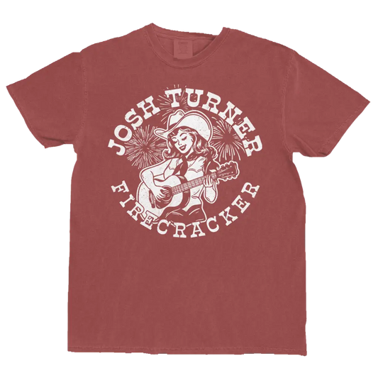 Red t-shirt with 'Josh Turner Firecracker' graphic design on a white background