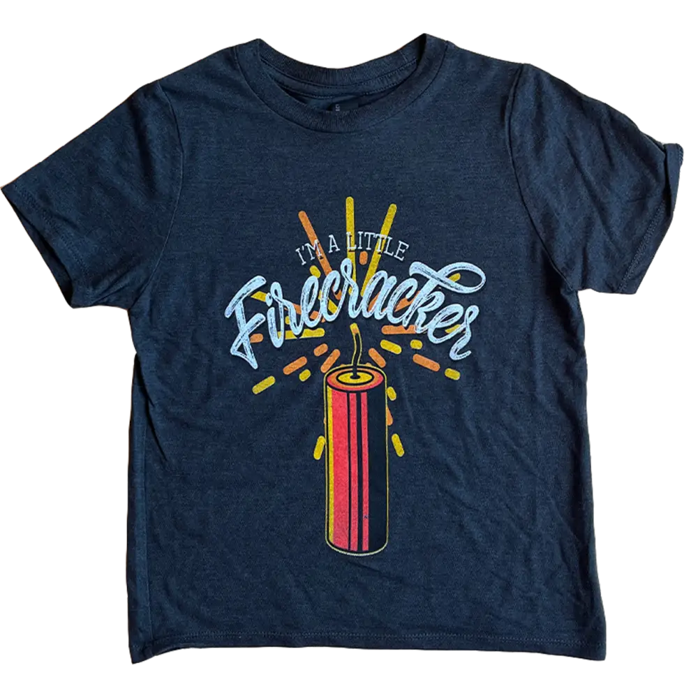 Navy blue t-shirt with a colorful ’Firecracker’ design featuring an illustrated firework.